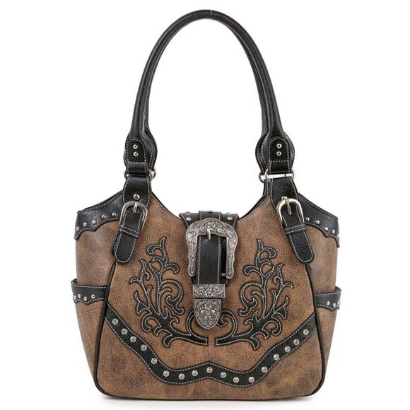 3a. Brown and Black Western Style Rhinestone Women's Handbag Purse - Picture 5 of 7